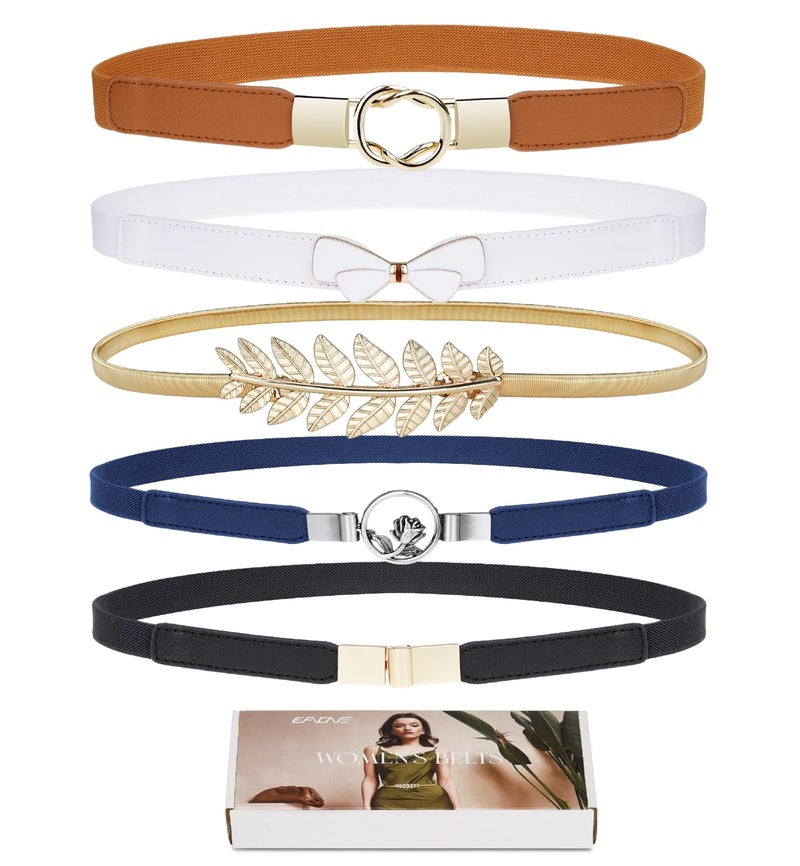 EAONE Skinny Waist Belts for Women 5 Pack, Fashion Stretchy Retro Elastic Leather Belts for Dresses - Image 1